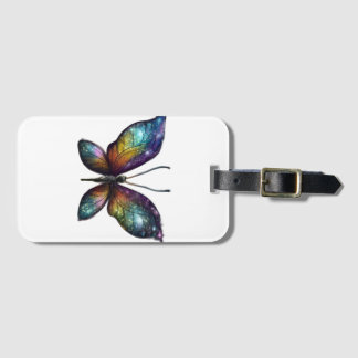 A colorful butterfly with galaxy-like wings is dep bagagelabel