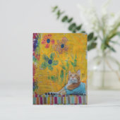 A Cool Ginger Kitty Yellow Floral Mixed Media Briefkaart (Staand voorkant)