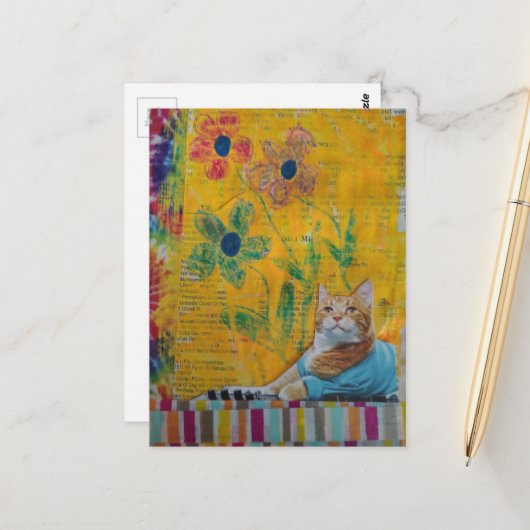 A Cool Ginger Kitty Yellow Floral Mixed Media Briefkaart (Voorkant / Achterkant in situ)