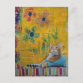 A Cool Ginger Kitty Yellow Floral Mixed Media Briefkaart (Voorkant)