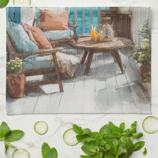 A Cosy Seaside Balcony Theedoek (Gevouwen)