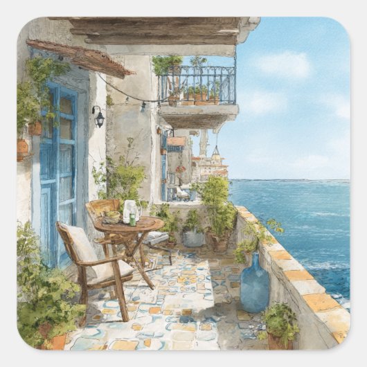 A Cosy Seaside Balcony Vierkante Sticker (Voorkant)