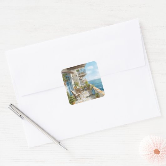 A Cosy Seaside Balcony Vierkante Sticker (Envelop)