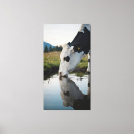 A cow drinks water in a natural stream canvas afdruk