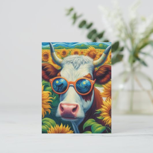 A Cow in Sunglasses in a Sunflower Field Briefkaart (Staand voorkant)