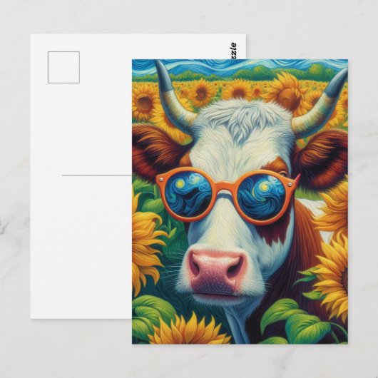 A Cow in Sunglasses in a Sunflower Field Briefkaart (Voorkant / Achterkant)