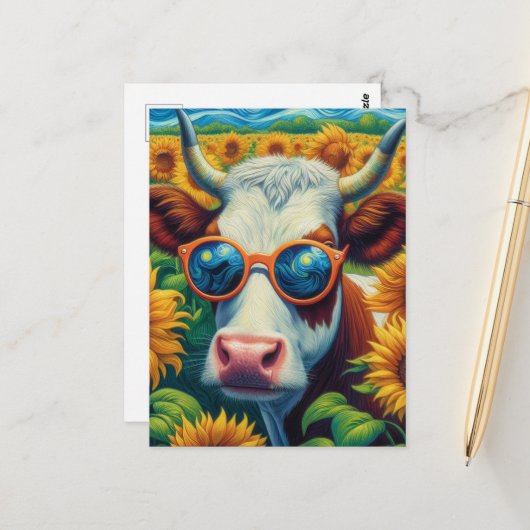 A Cow in Sunglasses in a Sunflower Field Briefkaart (Voorkant / Achterkant in situ)