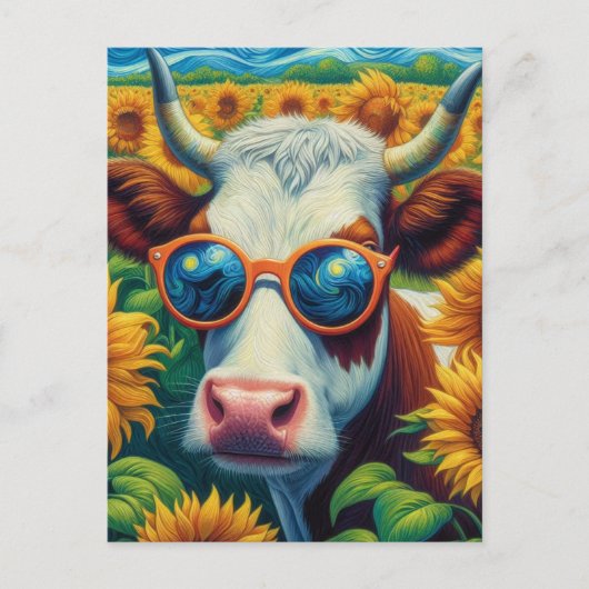 A Cow in Sunglasses in a Sunflower Field Briefkaart (Voorkant)