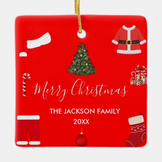 A Cozy Christmas Gathering Set on Warm Red Keramisch Ornament (Voorkant)