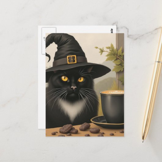 A Cute Black Witch Cat and a Coffee Briefkaart (Voorkant / Achterkant in situ)