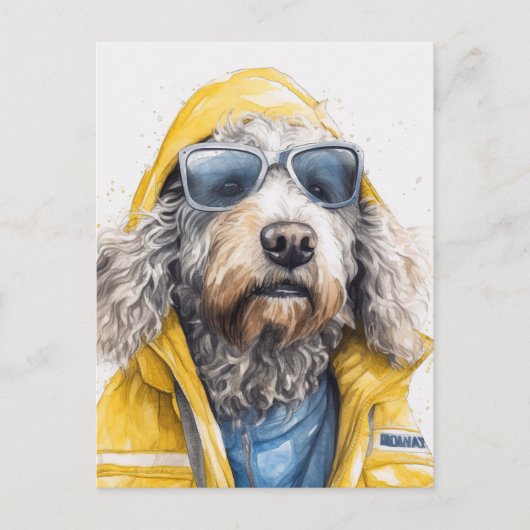 A Cute Doodle Dog in a Yellow Raincoat Briefkaart (Voorkant)