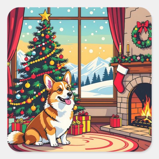 A Cute Festive Corgi Christmas Vierkante Sticker (Voorkant)