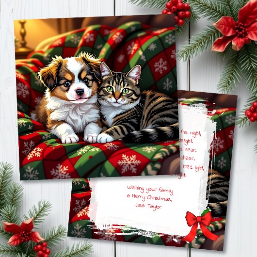 A Cute Festive Dog and Cat Personalized Christmas Feestdagenkaart