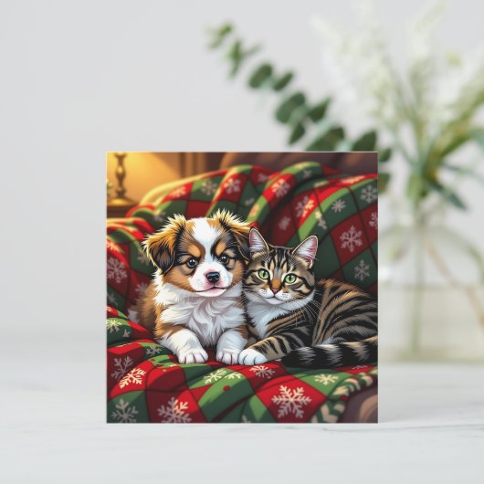 A Cute Festive Dog and Cat Personalized Christmas Feestdagenkaart (Staand voorkant)