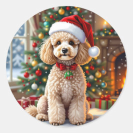 A Cute Festive Poodle Christmas   Ronde Sticker