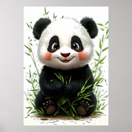 A cute panda with rosy cheeks sits happily poster