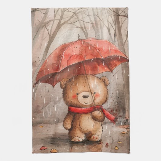 A Cute Teddy Bear in The Rain Theedoek (Verticaal)