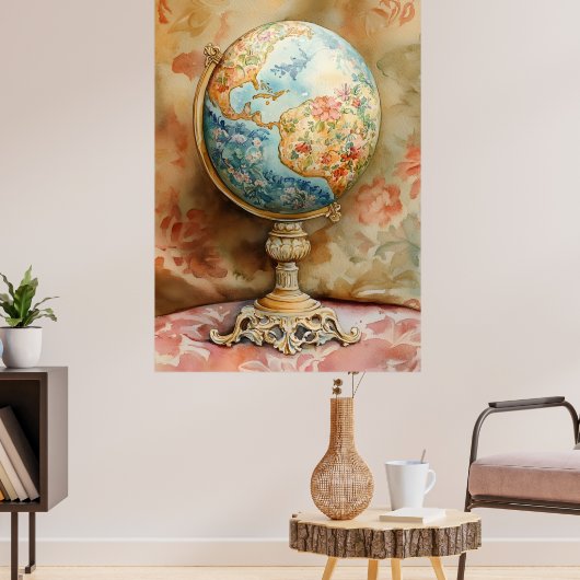 A decorative globe adorned with floral motifs poster (Woonkamer 3)