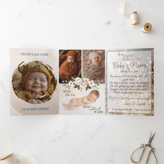 A Delicate & Humorous Birth Announcement - Neutral Drieluik Kaart (Binnen)