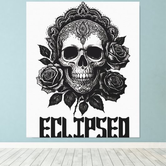 A detailed skull adorned with intricate patterns canvas afdruk (Insitu (Houten vloer))