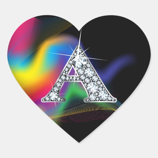 "A" Diamond Bling on Rainbow Swirl Heart Sticker (Voorkant)