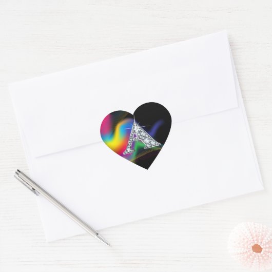 "A" Diamond Bling on Rainbow Swirl Heart Sticker (Envelop)