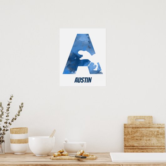 "A" Dinosaur Waterverf Blue Child Name Poster (Keuken)