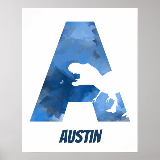 "A" Dinosaur Waterverf Blue Child Name Poster (Voorkant)