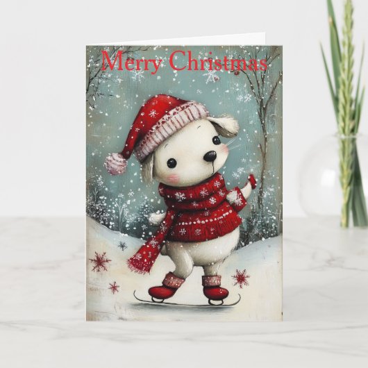 A Dog Ice Skating Feestdagen Kaart (Voorkant)