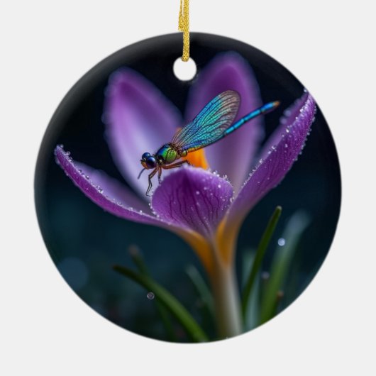 A dragonfly on a crocus flower keramisch ornament (Achterkant)