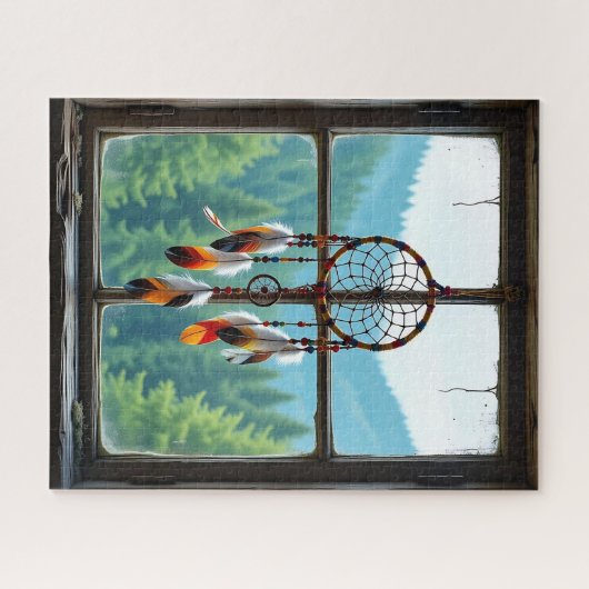 A Dreamcatcher in a Window overlooking Mountains Legpuzzel (Horizontaal)