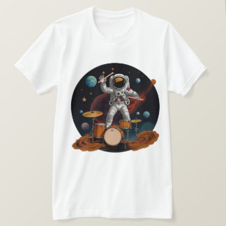 A drummer playing his drum-set on Planet Drums T-shirt