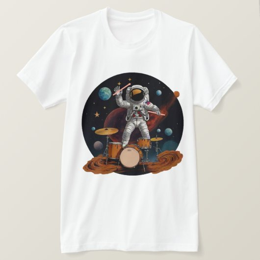 A drummer playing his drum-set on Planet Drums T-shirt (Design voorkant)