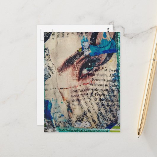 A face and words abstract friends joke collage briefkaart (Voorkant / Achterkant in situ)