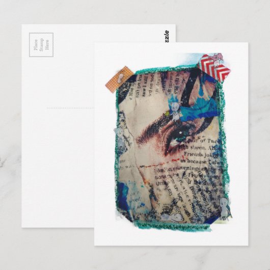 A face and words abstract mixed media collage briefkaart (Voorkant / Achterkant)