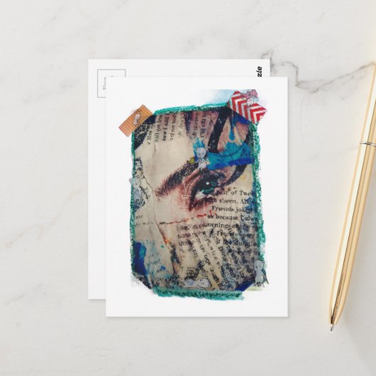 A face and words abstract mixed media collage briefkaart (Voorkant / Achterkant in situ)