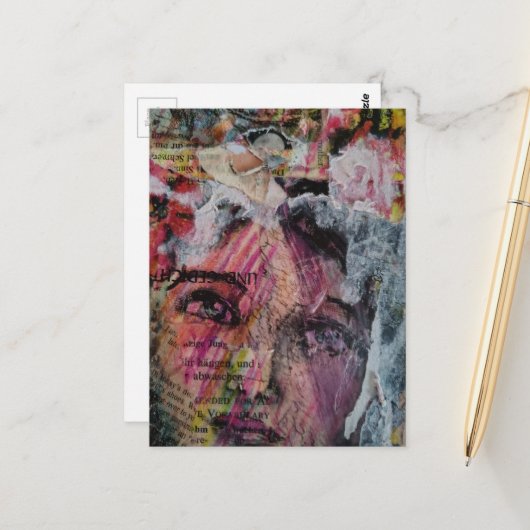 A face mixed media collage briefkaart (Voorkant / Achterkant in situ)