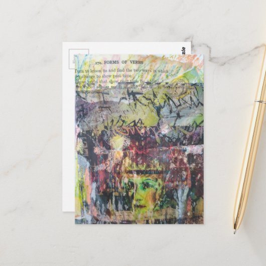 A face mixed media collage forms of verbs briefkaart (Voorkant / Achterkant in situ)