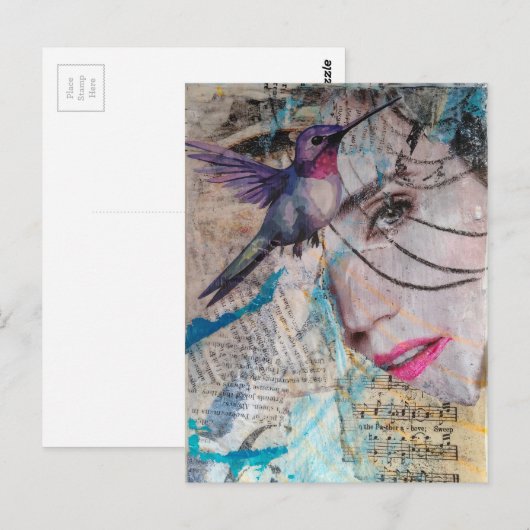 A Face n Hummingbird Abstract Mixed Media Collage Briefkaart (Voorkant / Achterkant)