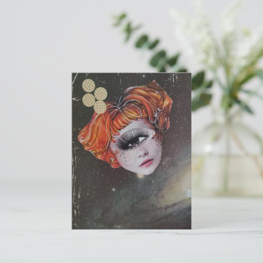 A face with single eye space mixed media collage briefkaart (Staand voorkant)