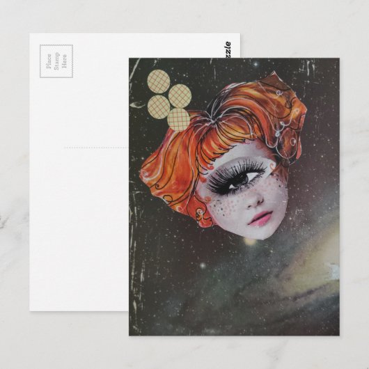 A face with single eye space mixed media collage briefkaart (Voorkant / Achterkant)