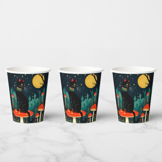 A Familiar Black Cat And Toadstools Halloween 2 Papieren Bekers (Multi)