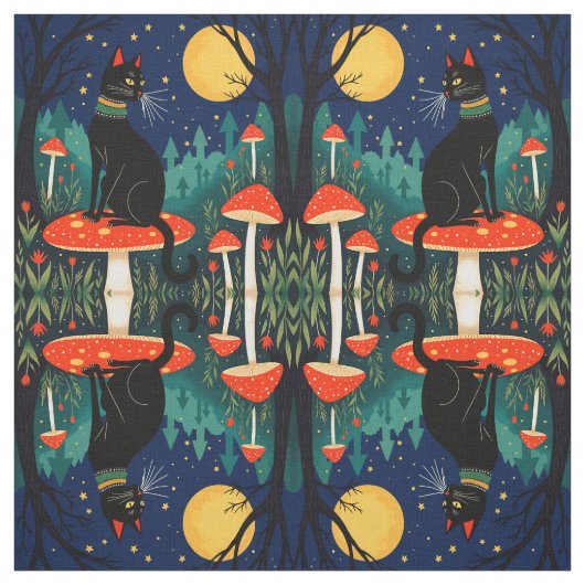 A Familiar Black Cat And Toadstools Halloween 2 Stof (Swatch)