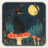 A Familiar Black Cat And Toadstools Halloween 3 Kartonnen Onderzetters (Voorkant)
