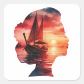 A fantasy journey on a sailboat at sunset vierkante sticker (Voorkant)