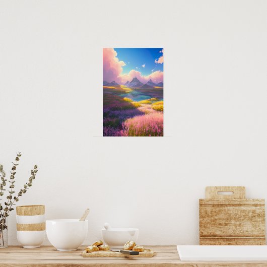 A Field of Blooms, Lake en Majestic Mountains Poster (Keuken)