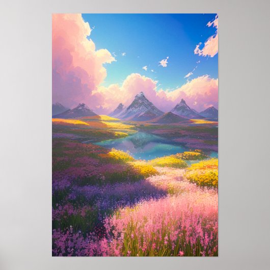 A Field of Blooms, Lake en Majestic Mountains Poster (Voorkant)