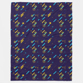 A fleece blanket featuring a colorful repeating deken