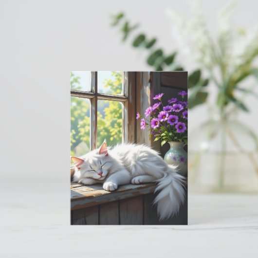 A Fluffy White Cat Napping on the Window Sill Briefkaart (Staand voorkant)