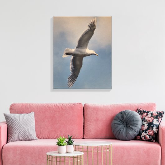 A flying seagull on Stretched Canvas Print (Insitu (Woonkamer))